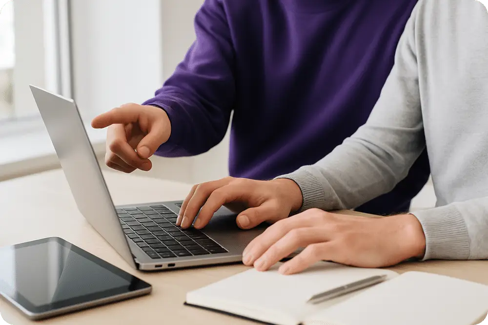 Nahaufnahme von zwei Handpaaren, die an einem Schreibtisch in einem hellen, modernen Büro zusammenarbeiten. Eine Person zeigt auf einen Laptop-Bildschirm, während die andere die Tastatur oder das Trackpad benutzt.