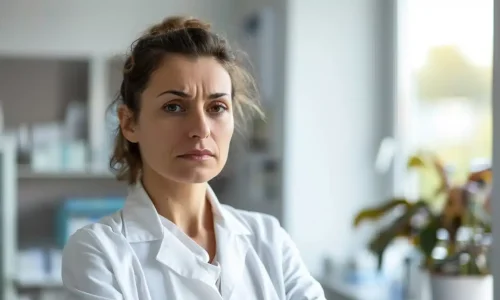 Eine erschoepft aussehende Ärztin