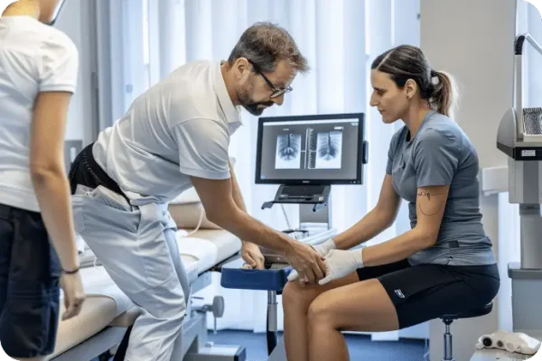 Orthopäde checkt die Verletzung seiner Patientin